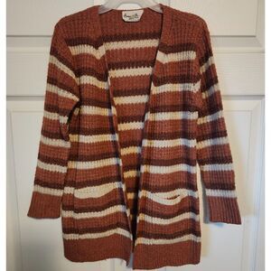 Amy Byer Girls Striped Open Front Cardigan Size M (10/12) Rust Brown Cream